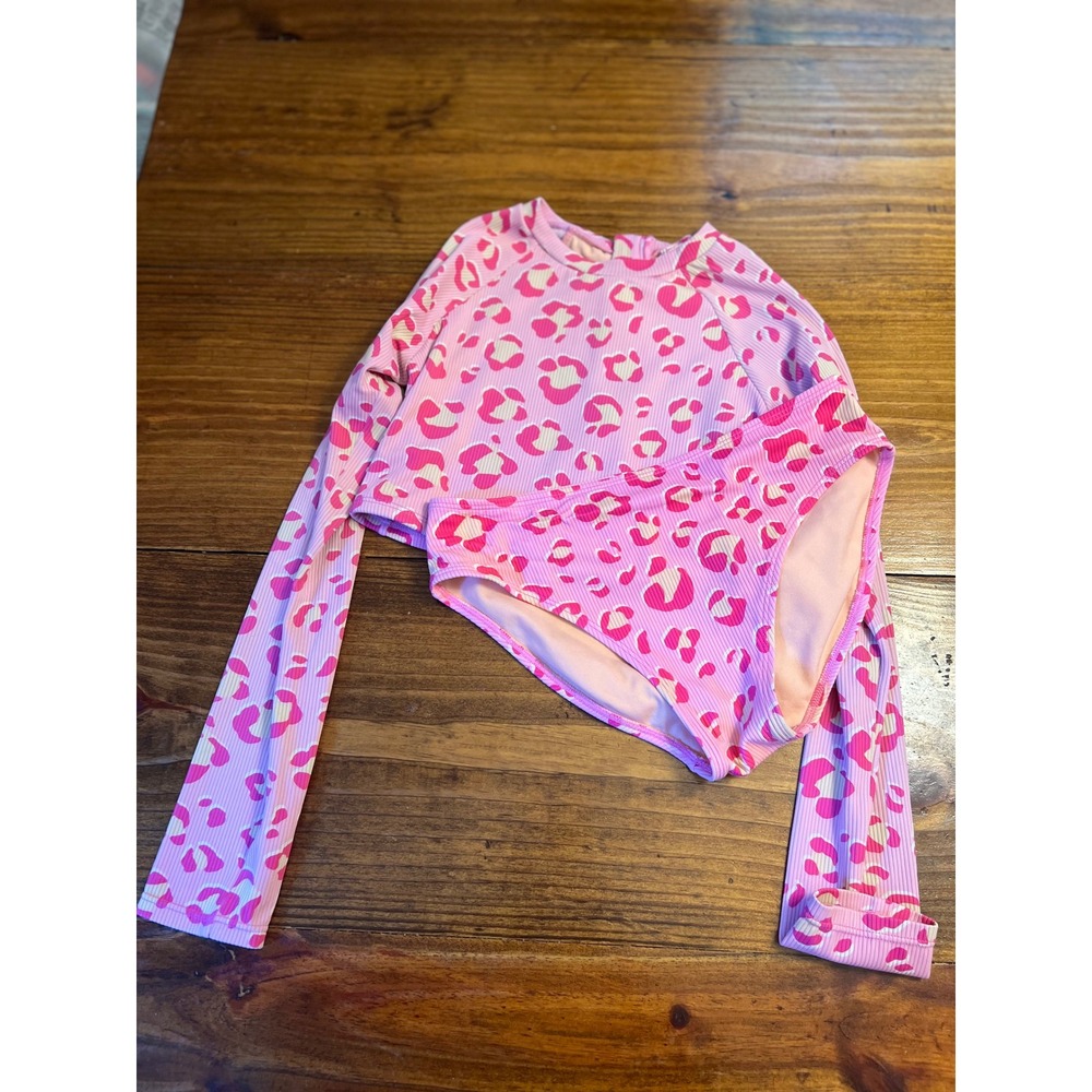 Cat & Jack Rash Guard Swimsuit Girls XL 14/16 Pink Leopard Ribbed 2pc Set EUCโ